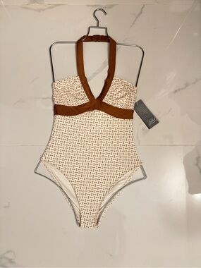 SWIM 1SOL BRAND Cream and Brown Halter One-Piece Swimsuit
